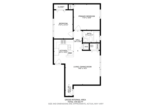 Floor plan for 2 beds, 1 bath, 678 sqft